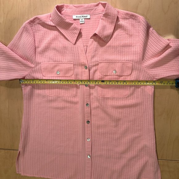 Studio Works Roll-Tab Sleeve Bright Pink Button Down Blouse Medium - Picture 12 of 13